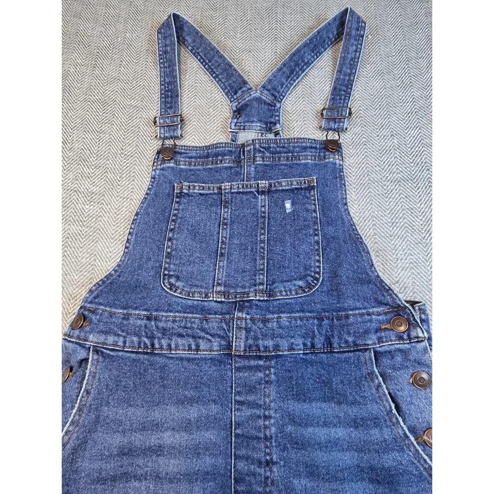 No Boundaries Women Distressed Denim Short Overall Medium Wash Blue Size L 11-13